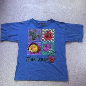 Vintage Boston Traders Think Green‎ Nature T-Shirt Blue 90s Eco Graphic